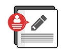 Icon of a document with a pencil, symbolizing writing or editing. A red speech bubble with a user silhouette suggests communication or comments. The background is black.