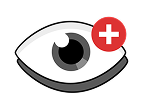 An eye icon with a red circle featuring a white plus sign in the top right corner, symbolizing an add or increase in view or visibility. The eye is stylized with a dark pupil and iris, set against a black background.