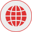 A red globe icon with horizontal and vertical lines displayed on a light gray circular background, resembling a stylized earth symbol.
