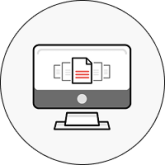 Icon of a computer monitor displaying four document icons with red lines, indicating text. The monitor is set against a circular white background with a black border.
