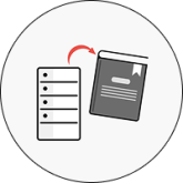 An icon showing a server on the left with four horizontal lines and circles, and a book on the right. A red arrow points from the server to the book, indicating data or information transfer.
