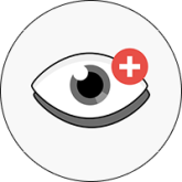 An illustrated eye with a gray pupil and sclera is in the center. A red circle with a white plus sign is on the upper right corner, suggesting action such as adding or viewing more. The background is light gray.