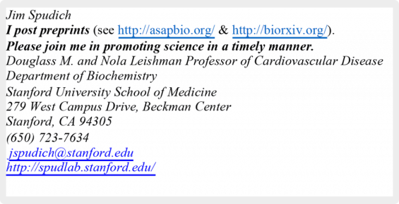 Contact information for Jim Spudich, a biochemistry professor at Stanford University. Includes phone number, email, and lab website. Emphasis on promoting science promptly.
