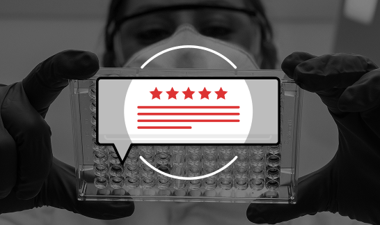 A scientist wearing gloves and a mask holds up a microplate with wells. A graphic overlay features a speech bubble with five red stars and red lines, indicating a high rating or review.