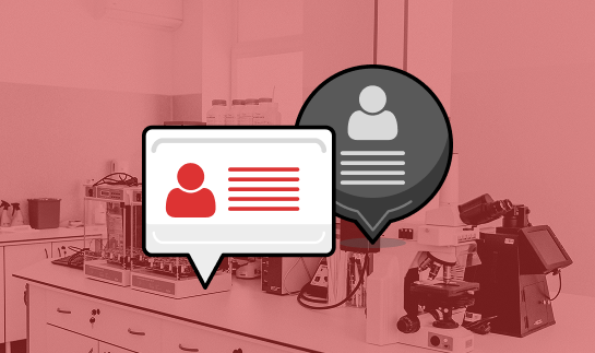 Illustration of a science lab with two speech bubbles, one white and one dark gray, overlaying the image. Each bubble contains a person icon and lines representing text, set against a pink-tinted background depicting lab equipment and microscopes.