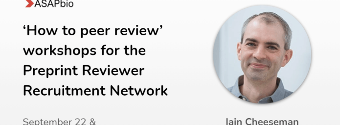 Advertisement for How to Peer Review workshops by ASAPbio. Dates: September 22 & November 1. Features a circular photo of a person associated with ASAPbio & Whitehead Institute/MIT.