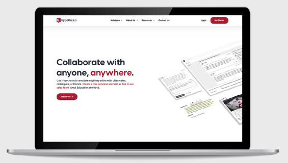 A laptop displaying a website with Collaborate with anyone, anywhere. Text explains using Hypothesis for online annotation. Screenshots of collaborative features are visible on the right. The top navigation includes Solutions, About Us, and Contact.