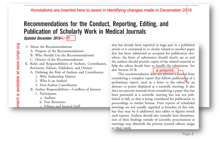Image of a document titled Recommendations for the Conduct, Reporting, Editing, and Publication of Scholarly Work in Medical Journals. Highlighted text includes a preprint and annotations with captions assisting in identifying changes made in December 2016.