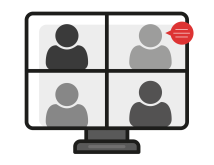 Illustration of a video conference screen showing four silhouetted figures in individual boxes. One box has a red notification bubble with lines, symbolizing a chat or message alert. The screen is displayed on a monitor.