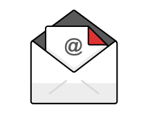 Illustration of an open envelope containing a letter with the @ symbol. The letter has a red triangular fold at the top right corner, symbolizing an email or digital communication.