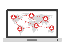 Illustration of a laptop with a world map on the screen. Red location markers with person icons are connected by dashed lines, symbolizing global connectivity and a network of people worldwide.
