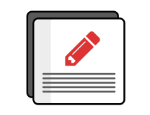 Icon of a pencil writing on paper. The image shows a red pencil positioned over a document with text lines. Multiple sheets of paper are stacked behind, suggesting writing or editing content.