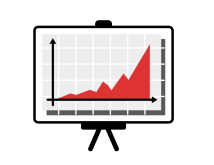Illustration of a presentation easel showing a graph with a red line and shaded area sharply increasing. The graph has a grid background with horizontal and vertical axes.