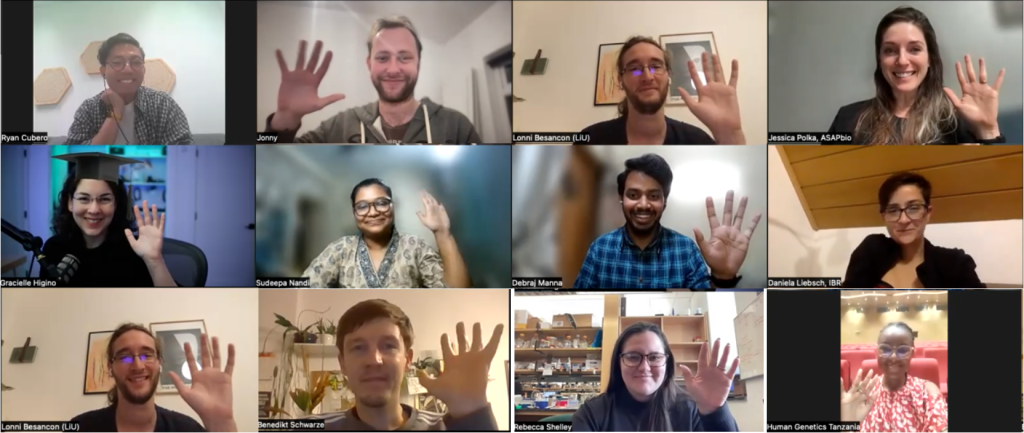 Composite image of different people waving at their camera