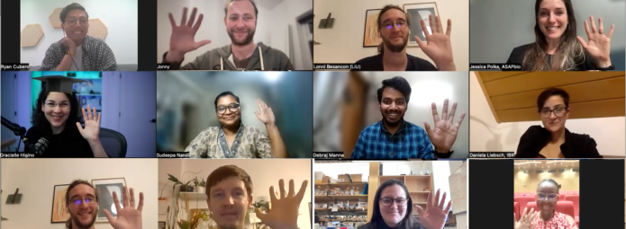 Composite image of individual smaller screens displaying different 2023 fellows waving to the camera