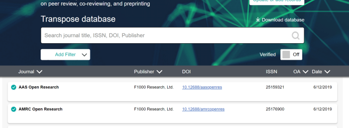 Screenshot of the Transpose database webpage showing a search bar with filters for journal title, ISSN, DOI, and publisher. Below are entries for journals, including titles, publishers, DOIs, ISSNs, and last updated dates.