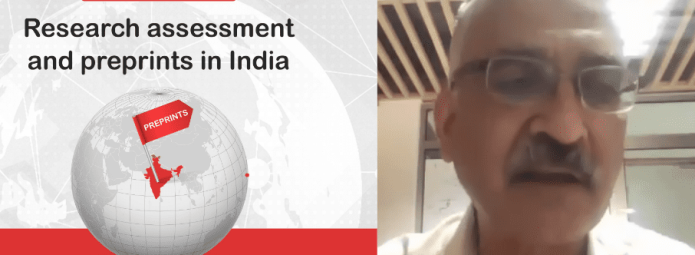 A man speaking at an online workshop titled Research assessment and preprints in India. A globe with the word Preprints and a map of India is displayed on the left.