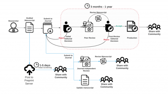 Flowchart of a research paper submission process. It includes steps from drafting and submitting a manuscript to peer review, rejection or acceptance, and sharing with the community. An alternative path shows journal-independent review and updates.