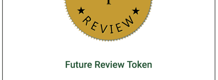 A gold-colored circular token with the words IOTA 1 REVIEW surrounded by stars. Below, the text reads: Future Review Token, Open Access Reviewer Bank, Open Science Social Contract.