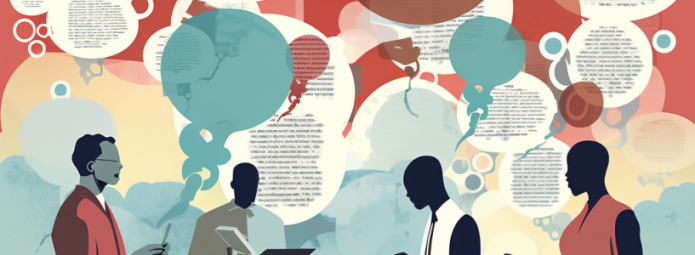 Midjourney-generated image of scientists talking holding papers with speech bubbles above them