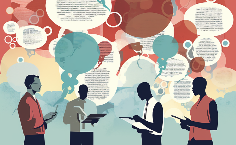 Midjourney-generated image of scientists talking holding papers with speech bubbles above them