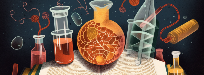 midjourney-generated illustration of an open book with flasks and biologically-themed patterns springing from it