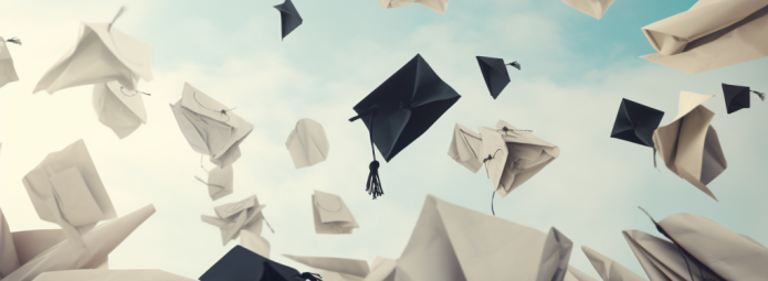 AI generated image showing graduation caps tossed in the air with papers