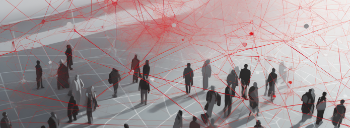 A digital illustration shows silhouettes of people walking across a geometric tiled surface. Red lines and abstract shapes form a network overhead, casting shadows. The scene suggests connectivity and complexity in a modern, futuristic setting.