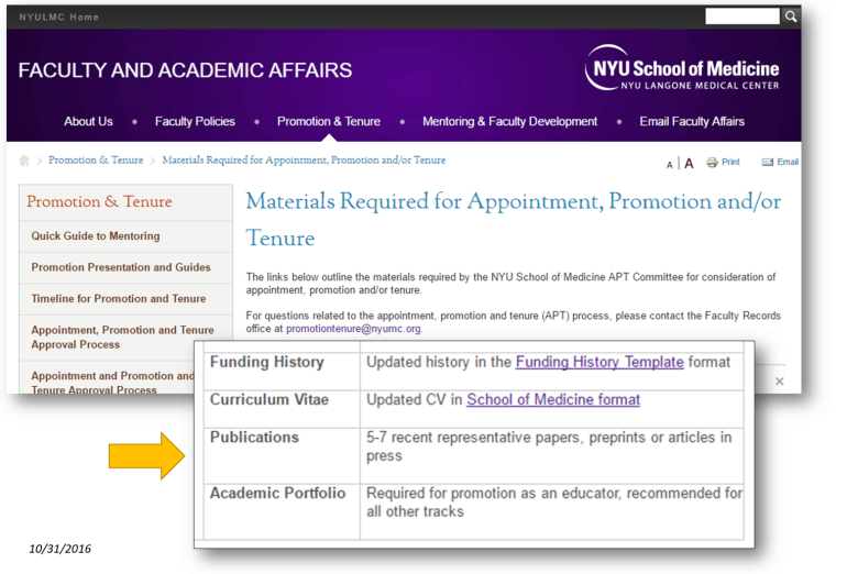 A screenshot of the NYU School of Medicine Faculty and Academic Affairs webpage. It highlights the materials required for appointment, promotion, and tenure, including History, CV, Publications, and Activations, with bold text and a yellow arrow.