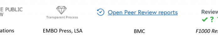 Logos and names of publishing platforms: Interactive Public Peer Review, Transparent Process, Open Peer Review reports, Reviewer Status. Below are publisher names: Copernicus Publications, EMBO Press, LSA, BMC, F1000 Research & family.