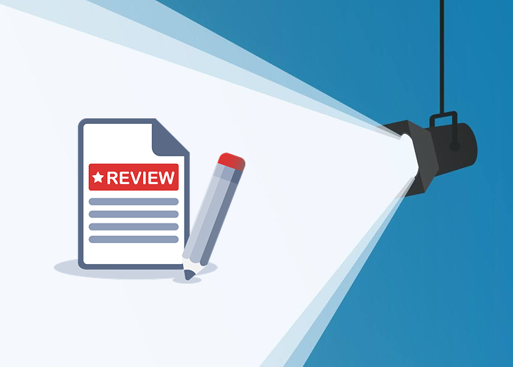 Illustration of a spotlight shining on a document labeled Review with a red star. A pencil is positioned next to the document. The background is blue, highlighting the central focus on the review.