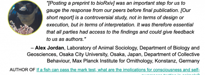 A quote discusses the impact of posting a study on bioRxiv for peer review before publication. The text highlights an author, Alex Jordan, and mentions various academic affiliations. An article about fish passing the mirror test is referenced below.
