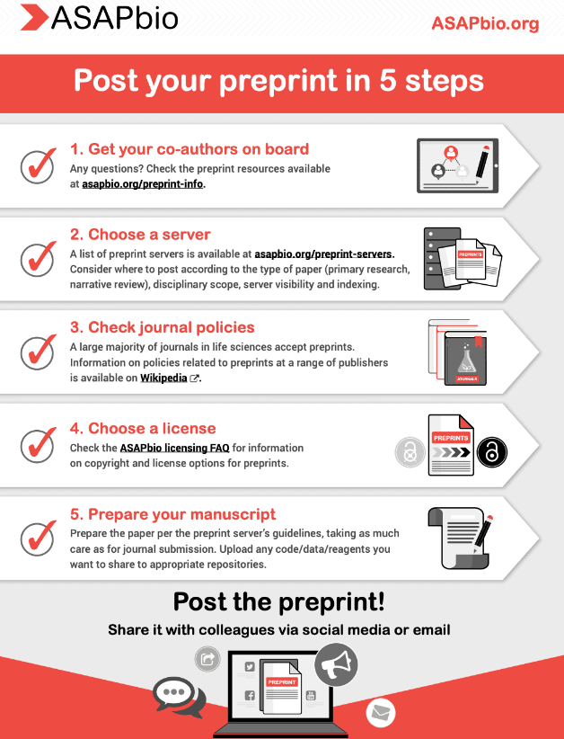 Infographic titled Post your preprint in 5 steps with illustrations for each step: 1) Get co-authors on board, 2) Choose a server, 3) Check journal policies, 4) Choose a license, 5) Prepare your manuscript. Includes ASAPbio.org for more info.