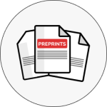 Icon of three overlapping documents, with the front one labeled PREPRINTS in white on a red background. The documents are outlined in black against a light gray circle background.