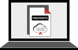 Illustration of a laptop screen displaying two stacked documents labeled Preprints. One page has a red corner fold and a cloud icon with a red bookmark. The background is light gray.