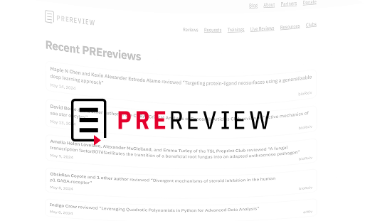 Screenshot of the PREreview website featuring a list of recent PREreviews. The page shows previews of reviews with titles and authors, under the PREreview logo and navigation menu items like Reviews and Tutorials.