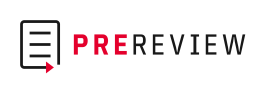 Logo featuring a document icon with a red arrow pointing left, followed by the word PRE in red and REVIEW in black.