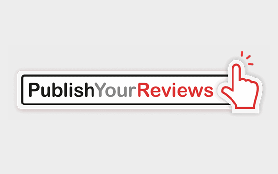 Logo with the text Publish Your Reviews in black and red. A red outlined hand with a pointing finger is next to the word Reviews, with red lines indicating a click action.