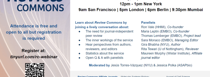Promotional poster for the Journal-independent Peer Review in the Life Sciences webinar on September 8, 2020. Features panelist names, topics to be discussed, and sponsors, with registration info at tinyurl.com/rc-webinar.