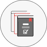 Illustration of three standing books with a red, white, and gray color scheme. The gray book in the forefront has a red bookmark and a checkmark symbol on its cover, while the other two books are partially visible behind it.