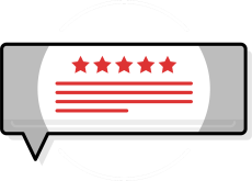 Speech bubble with five red stars above three red lines of text, representing a five-star review or rating. A circular design encloses the bubble, emphasizing the positive feedback theme.