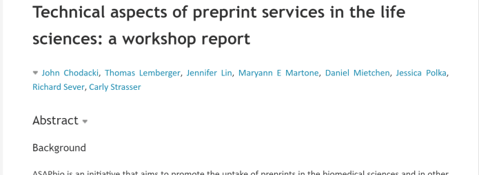 Screenshot of a research article titled Technical aspects of preprint services in the life sciences: a workshop report. Authors and abstract are visible. Theres a banner with RiO at the top and a red Reviewable label on the right.