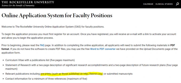 Screenshot of The Rockefeller University Online Application System for Faculty Positions webpage. It provides instructions on using the system and lists requirements: CV, Statement of Research, and optional publications or manuscripts.