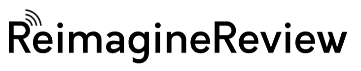 The image features the text ReimagineReview in a bold, black font. There is a stylized wireless signal symbol above the left side of the R. The background is white.