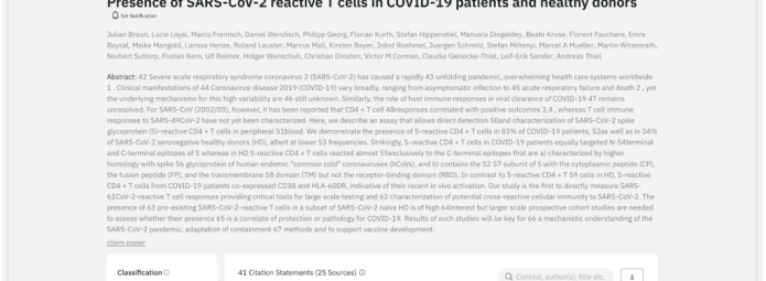Screenshot of an academic article titled Presence of SARS-CoV-2 reactive T cells in COVID-19 patients and healthy donors. It includes abstract text and a classification section at the bottom left, detailing mentions and support statistics.