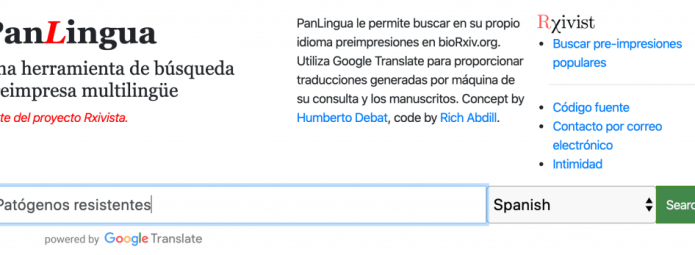 PanLingua homepage with 'Patogenos resistentes' typed into search bar for Spanish language search