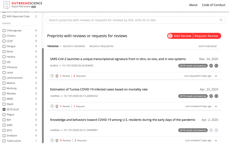 Screenshot of an online platform showcasing preprints with reviews or review requests. It lists trending preprints about COVID-19, including topics like SARS-CoV-2 and mortality rate estimates. Options to add or request reviews are available.
