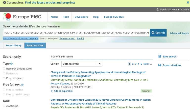 Screenshot of the Europe PMC website showing search results for COVID-19 studies. The page displays filters on the left and a list of articles, including one titled “Analysis of the Primary Presenting Symptoms and Hematological Findings of COVID19 Patients in Bangladesh.”.