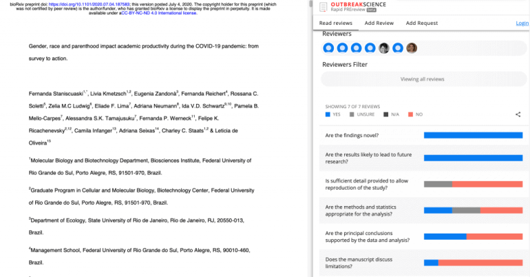 Screenshot of a research article titled Gender, race and parenthood impact academic productivity during the COVID-19 pandemic: from survey to action. It shows the article details, author list, and a review section with a chart and reviewer questions.