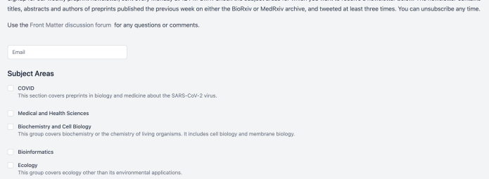 Screenshot of a webpage titled Preprint Newsletter with a signup option for a weekly newsletter. It lists subject areas including COVID, Medical and Health Sciences, Biochemistry and Cell Biology, Bioinformatics, Ecology, and Evolutionary Biology.